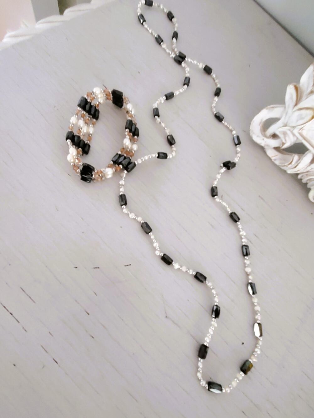 Vintage 1990s Seed Pearl and Hematite Magnetic Necklace Bracelet Set